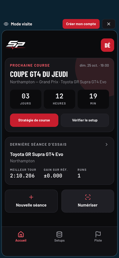L’Accueil de Setup Pilot&nbsp;: prochaine course, compte à rebours, dernière séance d’essais